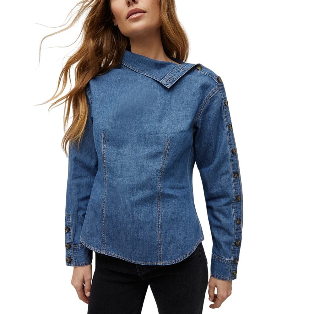 Veronica Beard Denim Button-Sleeve Long-Sleeve Top - Blue